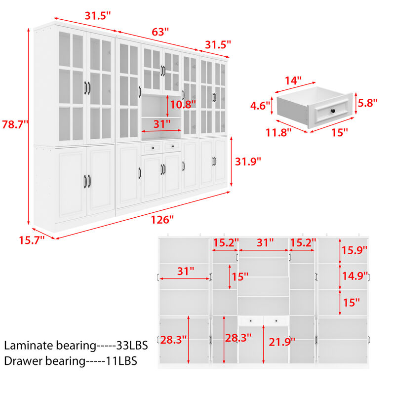 FUFU&GAGA White Bookcase Set – 2 x 4-Door Bookcases + 1 x 8-Door Bookcase with Glass Doors and Black Handles – Modern Storage and Organizing Solution, (78.7 in. H x 126 in. W x 15.7 in. D), White