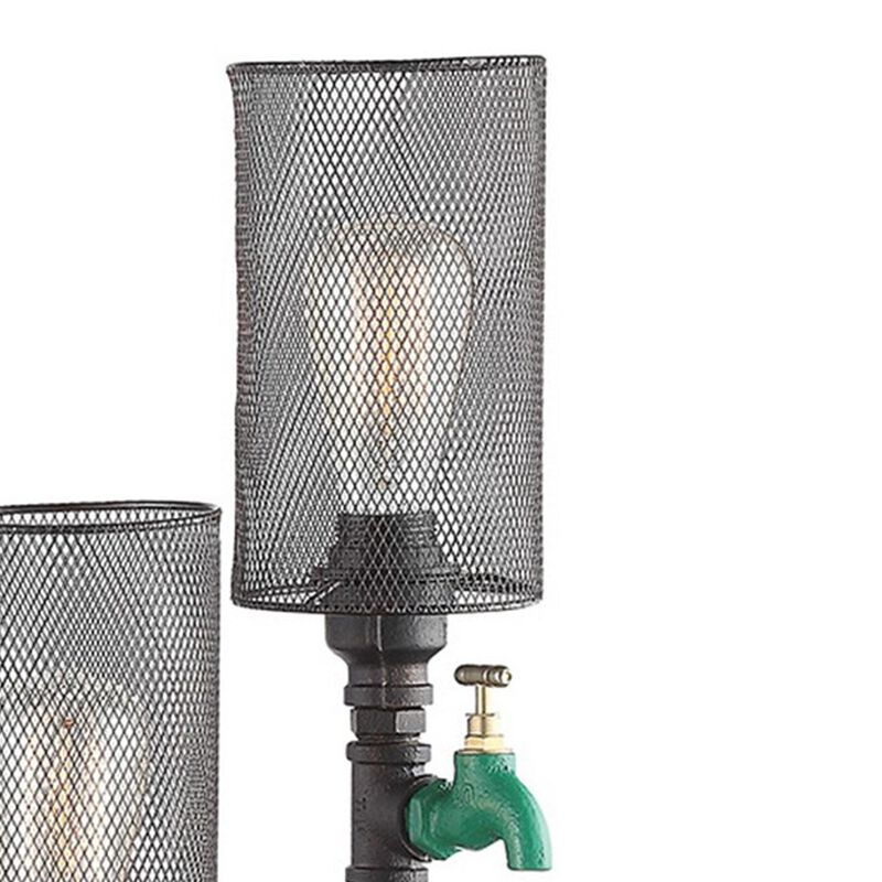 34 Inch Table Lamp, Drum Mesh Shade, Metal Base, Rustic Bronze Finish - Benzara