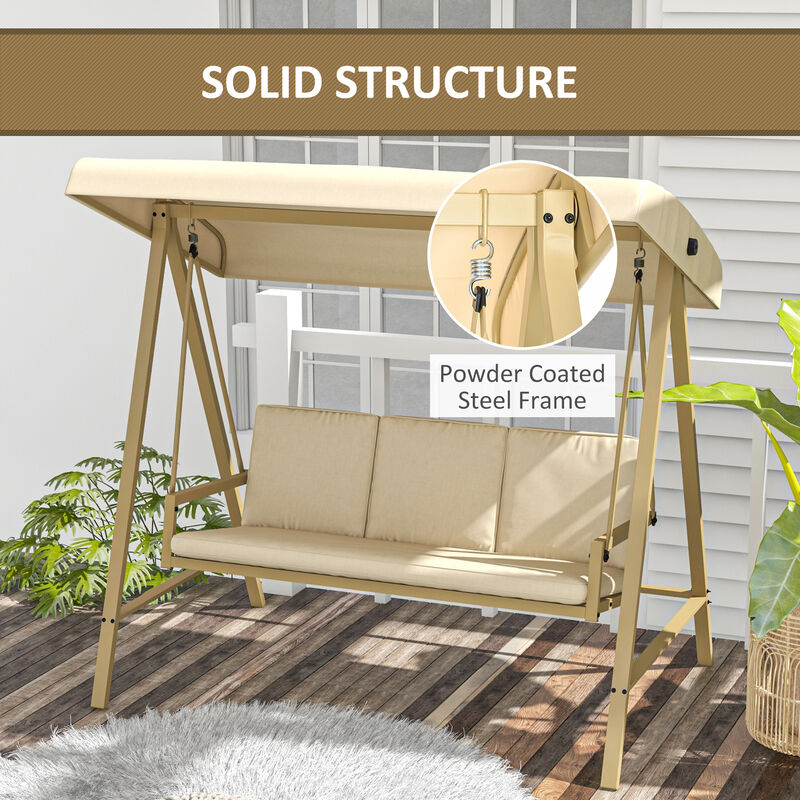 Outsunny 3-Seat Outdoor Porch Swing with Stand, Heavy duty Patio Swing Chair with Adjustable Canopy, Removable Cushions, Breathable Mesh Seat for Garden, Backyard and Poolside, Beige