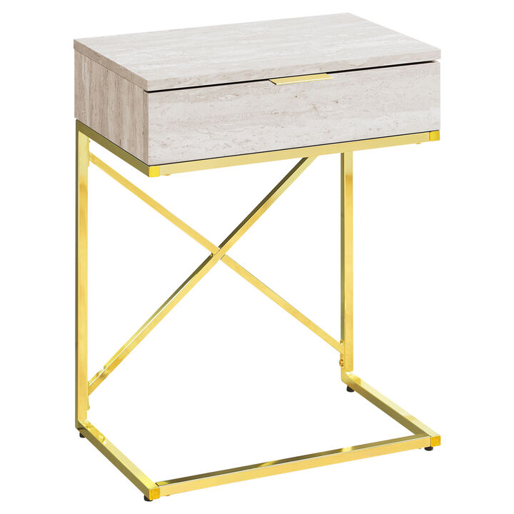 Monarch Specialties I 3473 Accent Table, Side, End, Nightstand, Lamp, Storage Drawer, Living Room, Bedroom, Metal, Laminate, Beige Marble Look, Gold, Contemporary, Modern
