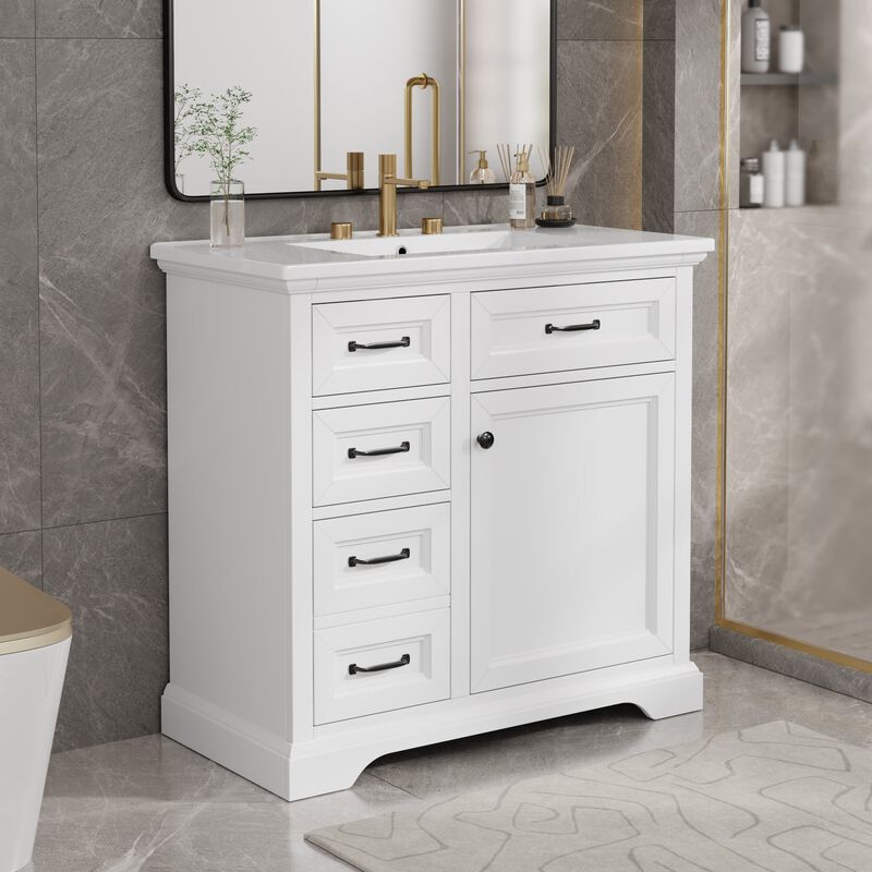 36" Bathroom Vanity with Sink, 4 Drawers & Soft-Close Door, Freestanding Storage Cabinet
