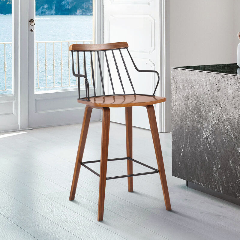 Micah Walnut and Metal Modern  Counter Height Bar Stool