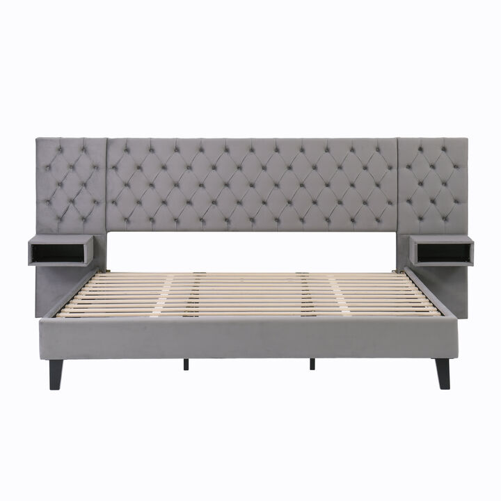 Merax Modern Velvet Upholstered Platform Bed with Headboard