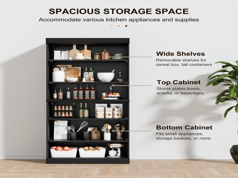 62" Black Wood Grain Doorless Decorative Storage Cabinet Bookcase