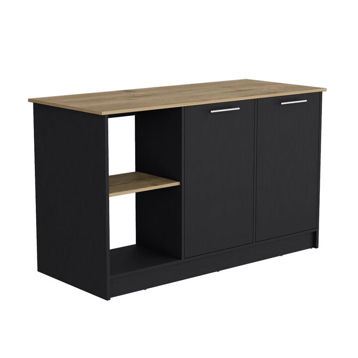 DEPOT E-SHOP Coral Kitchen Island with Large Countertop, Open Storage Shelves and Double Door Cabinet