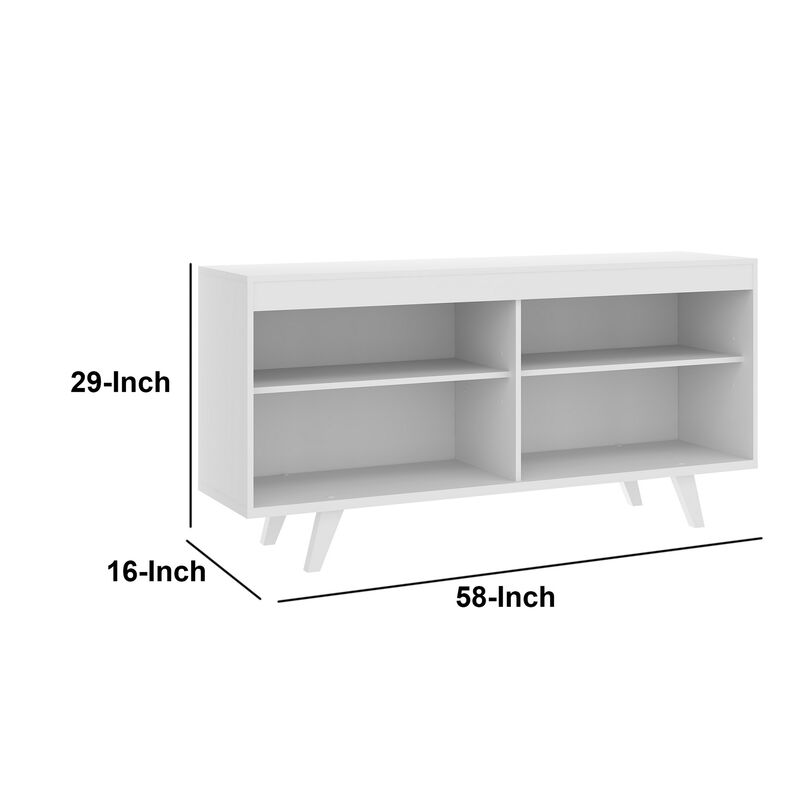 58 Inch Handcrafted Wood TV Media Entertainment Center Console, 4 Open Compartments, Angled Legs, White-Benzara