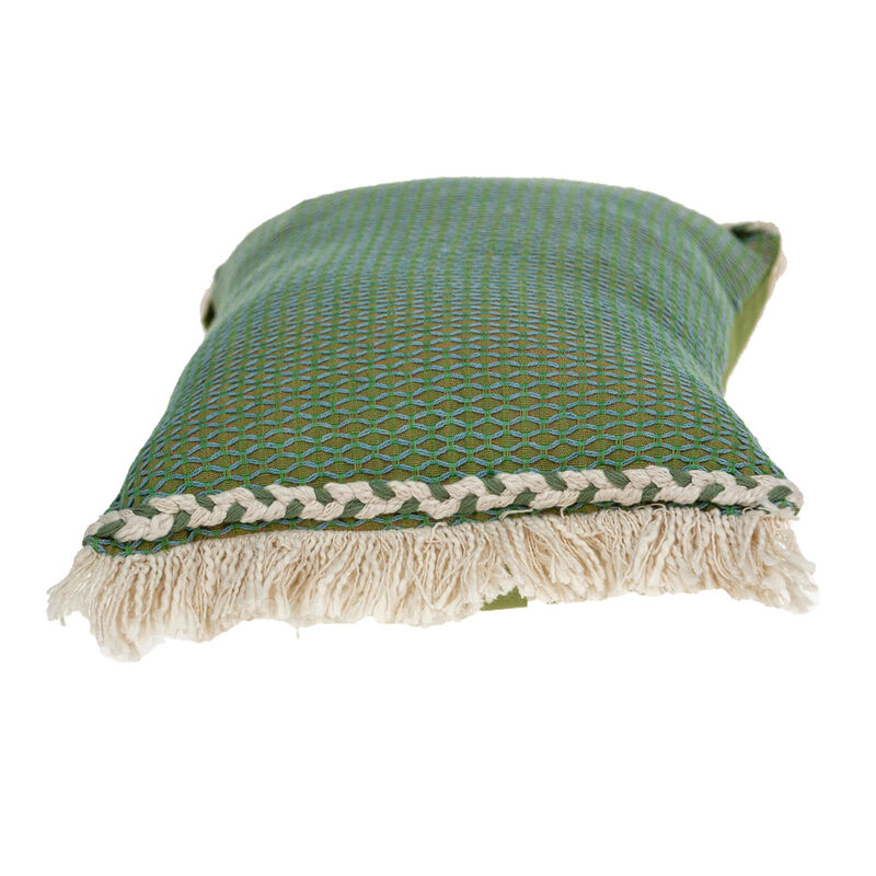 HomeRoots 14" X 20" Green And Beige Cotton Lumbar Throw Pillow with Embroidery and Fringe image number 2