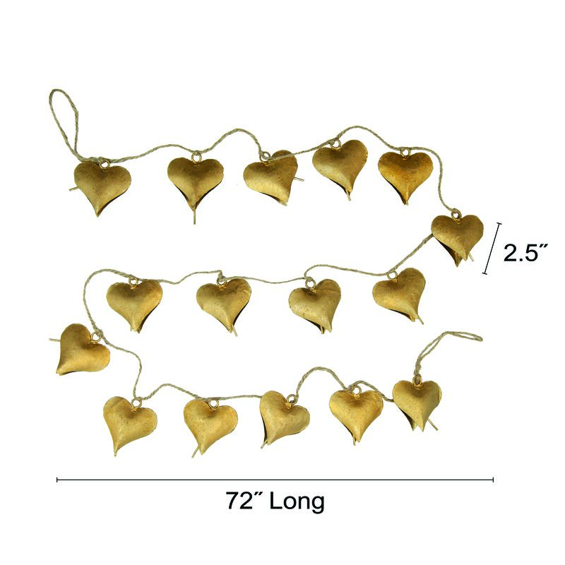 Metal Heart Shaped Bell Garland with Jute Cord, Gold Finish image number 1