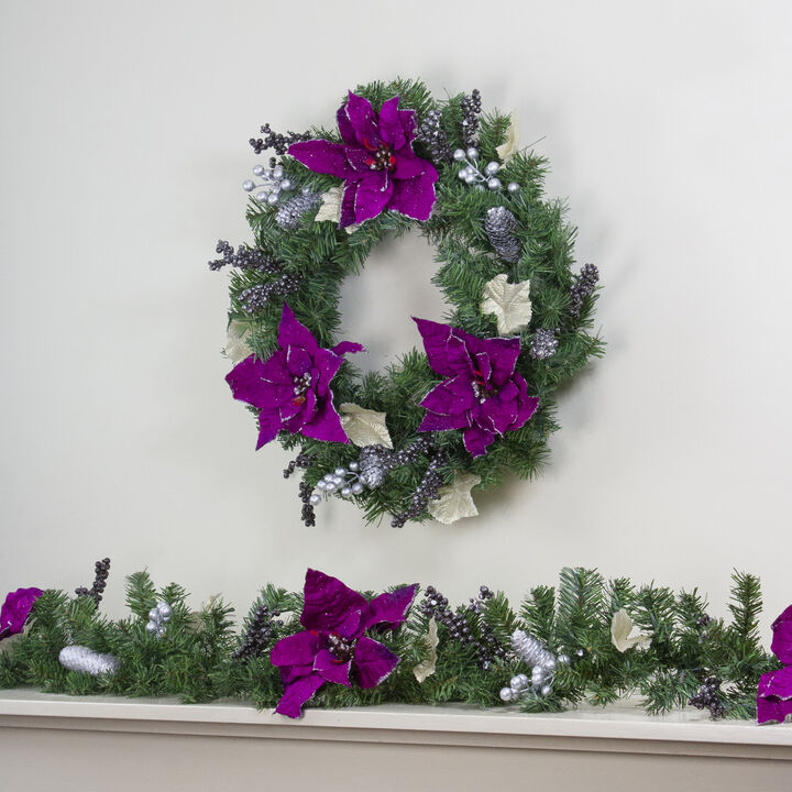 Purple Poinsettia and Silver Pine Cone Artificial Christmas Wreath - 24-Inch  Unlit