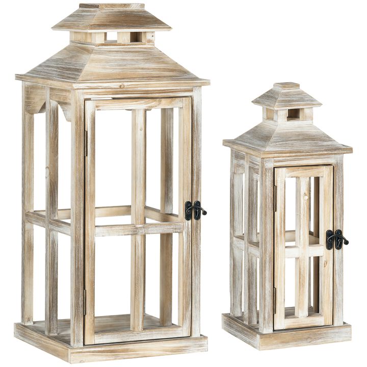 BreeBe 2-Pack Large Rustic Wooden Lanterns 28" & 20" for Home Decor
