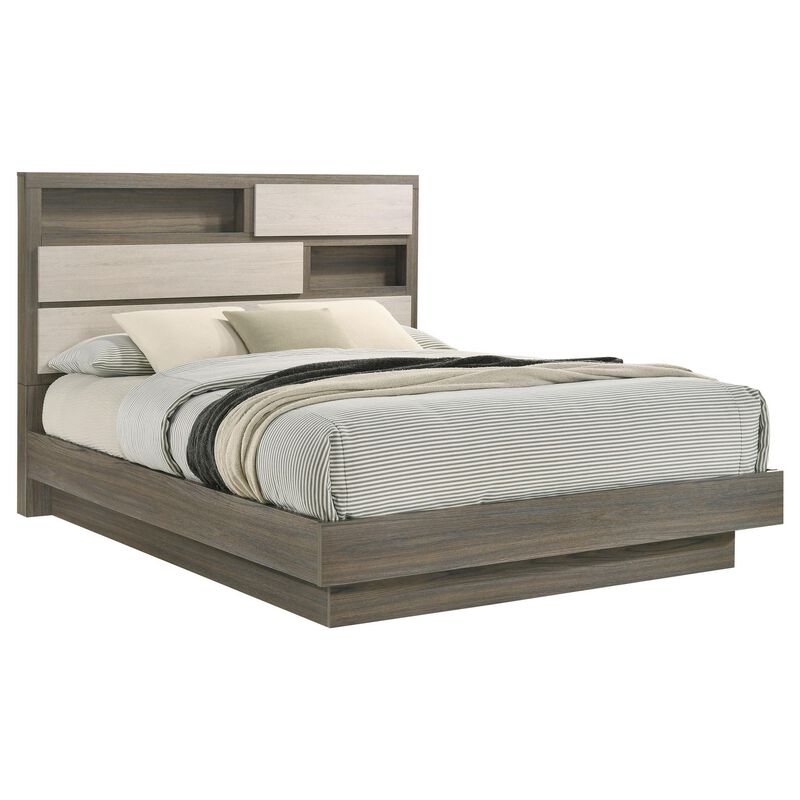 Fene Queen Size Bed, Bookcase Headboard, Wood Gray, Hidden Storage - Benzara