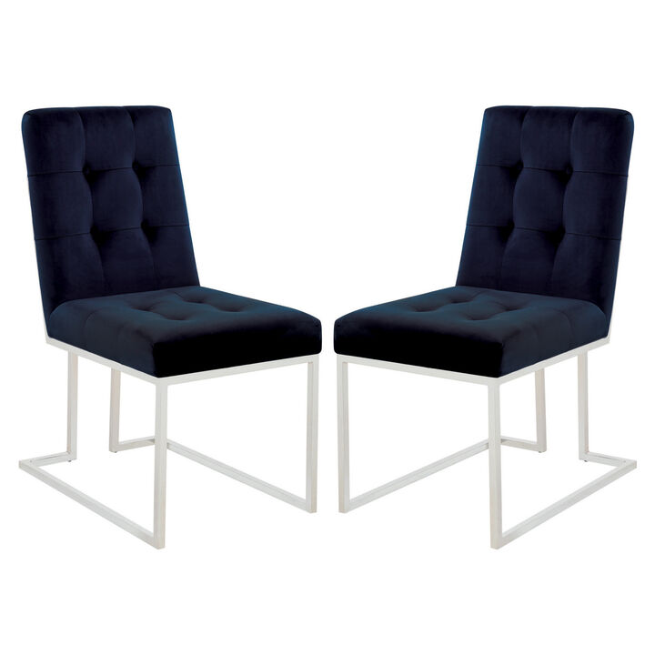 Dining Chair with Fabric Seat and Metal Legs, Set of 2, Blue-Benzara