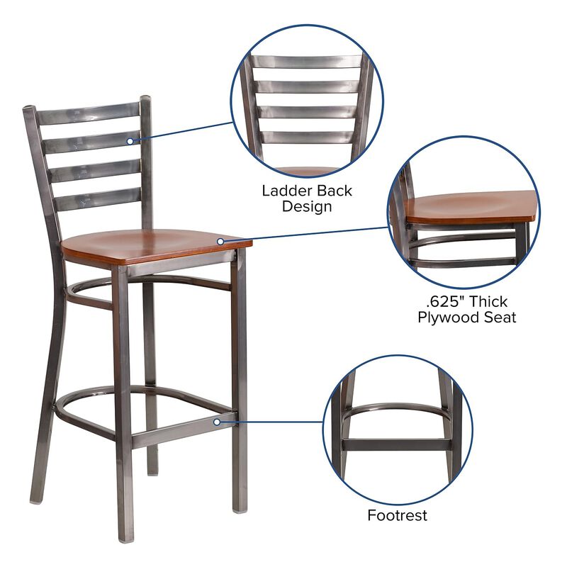 Flash Furniture HERCULES Series Clear Coated Ladder Back Metal Restaurant Barstool - Cherry Wood Seat