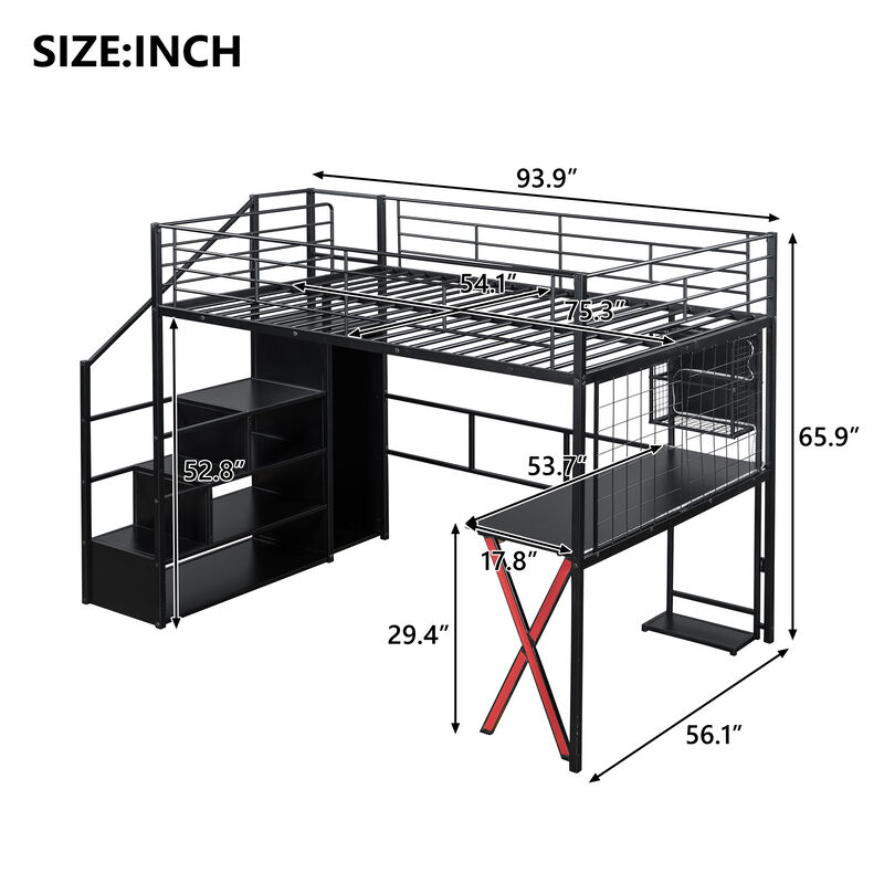 Merax Full Size Black Metal Loft Bed with Workstation, Wardrobe image number 4