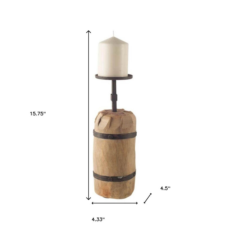 HomeRoots 16" Brown Distressed Abstract Solid Wood Tabletop Pillar Candle Holder image number 4