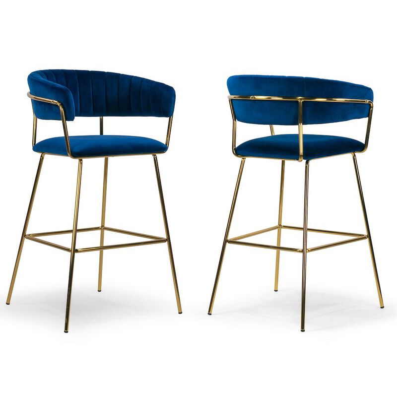 Glamour Home Set of 2 Anya Blue Velvet Bar Stool with Golden Metal Legs