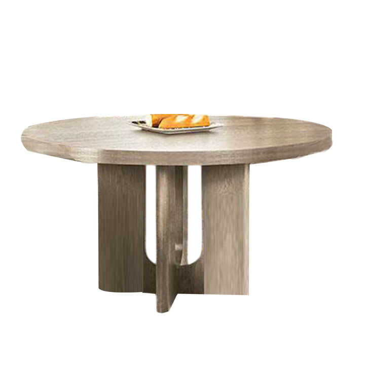 Zoko 54 Inch Round Dining Table, Pedestal Base, White Wash Solid Wood - Benzara