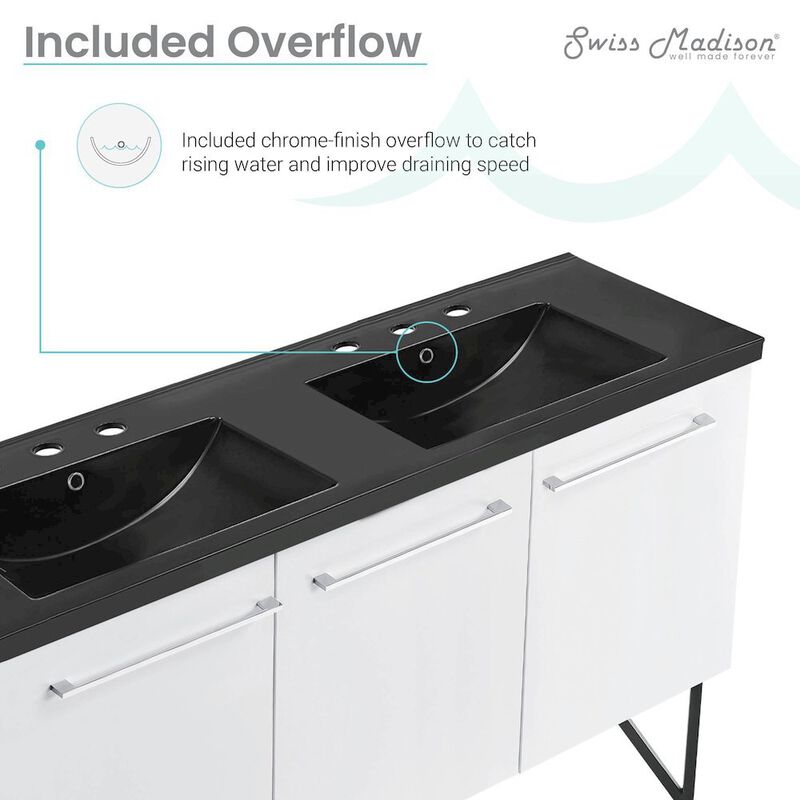 60 in. White, Double Basin Bathroom Vanity, Black, 3-Hole Sink Top image number 3