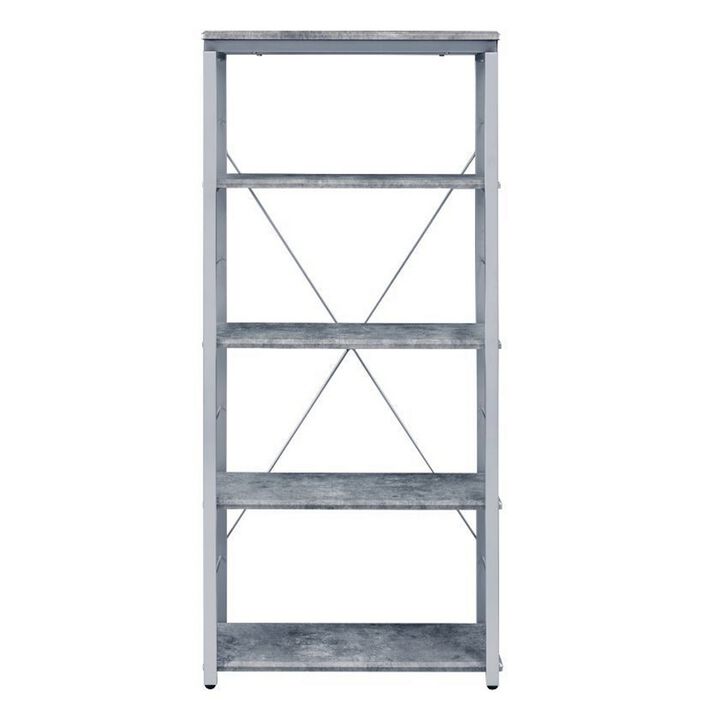 Industrial Bookshelf with 4 Shelves and Open Metal Frame, Silver and Gray-Benzara