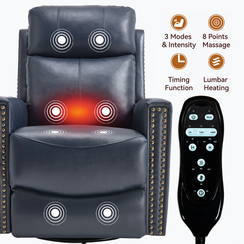 Genuine Leather Heat Massage Manual Recliner Chair with Rocker and Swivel for Living Room image number 4