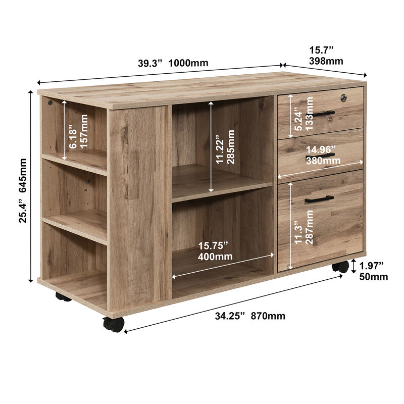 3-Drawer 39in. W Rolling Lateral File Cabinet with Locker and Open Storage Shelves for Home Office and Kids Room