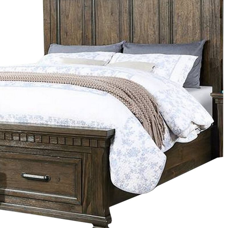 Ziv Classic Wood Queen Size Bed with Storage Drawers, Metal Handles, Brown - Benzara