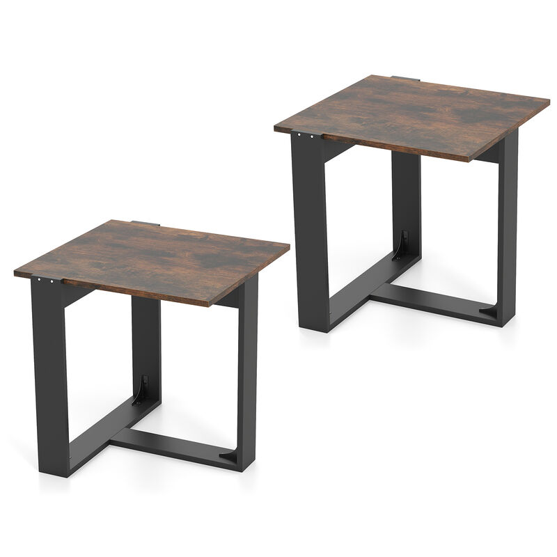 Set of 2 Industrial Style End Table with Durable Metal Frame-Rustic Brown image number 0