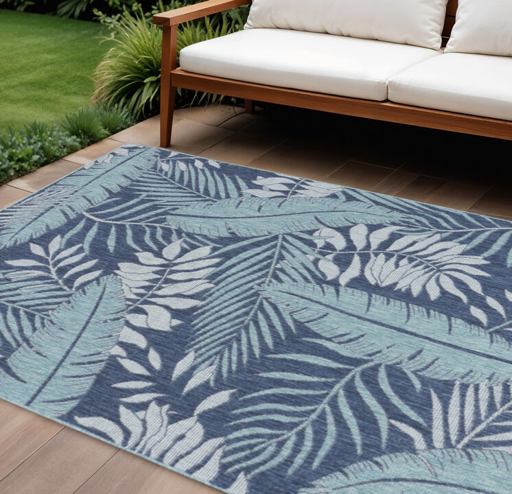 HomeRoots 8' X 10' Navy Blue Sky Blue And Ivory Palm Leaf Indoor Outdoor Area Rug