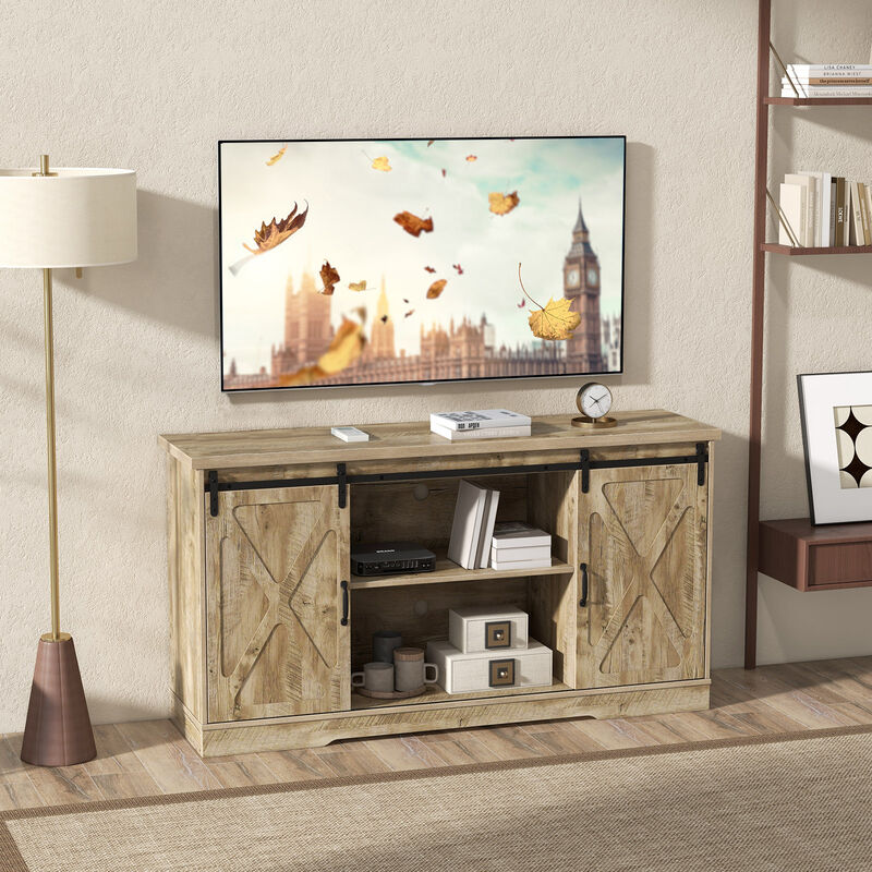 Farmhouse Entertainment Center with Adjustable Shelves and Storage Cabinet-Gray