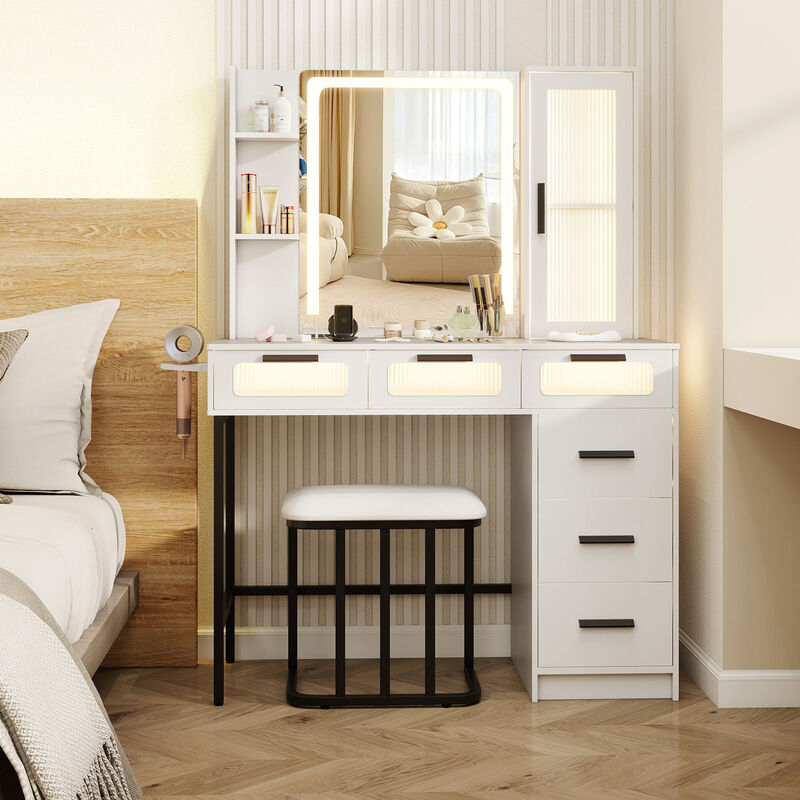 Makeup Vanity Desk with 3-Color Induction LED Lights and 6 Drawers-White