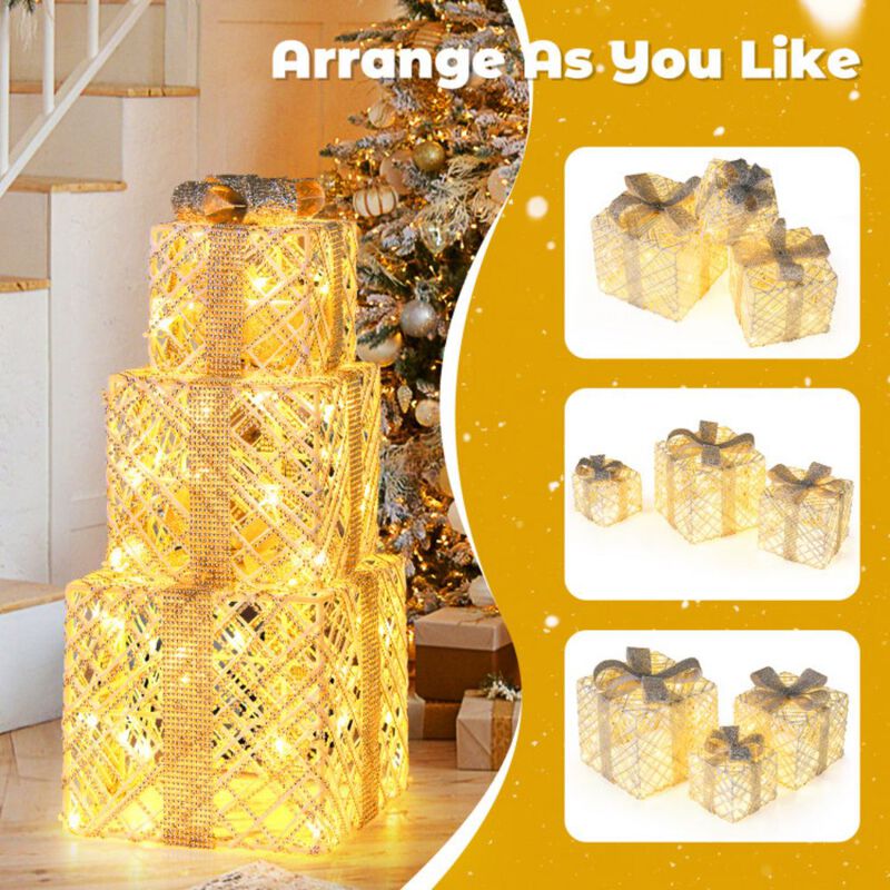3 Pack Christmas Lighted Gift Box with 50 LED Lights and Detachable Bows image number 5