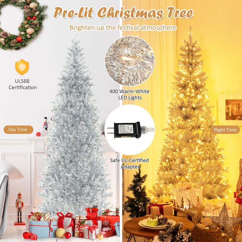 Pre-Lit Artificial Silver Tinsel Christmas Tree for Sparkling Holiday D&eacute;cor with Bright LED Lights