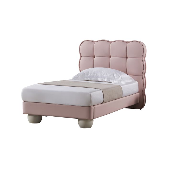 Jeny Queen Size Bed, Pink Leather Upholstered Tufted Headboard, Wood - Benzara