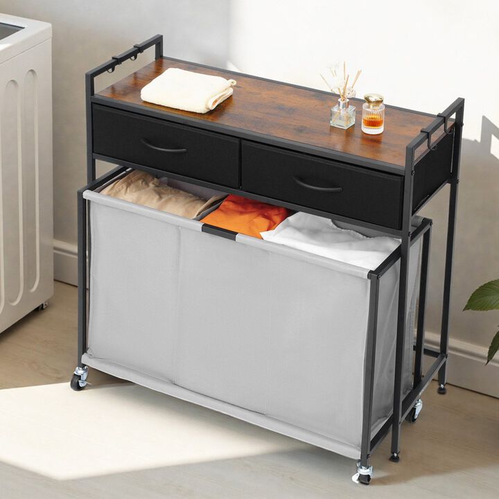 Rolling Laundry Hamper with 3 Bags, 2 Drawers, Hooks and Wheels, Storage Organizer-Black