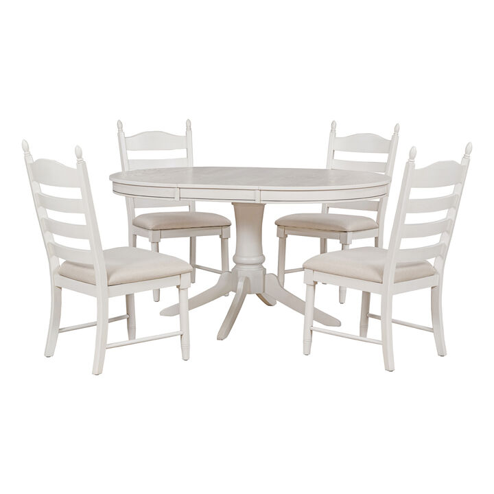 5-Piece Retro Functional Dining Table Set Wood Round Extendable Dining Table and 4 Upholstered Dining Chairs (Antique White)