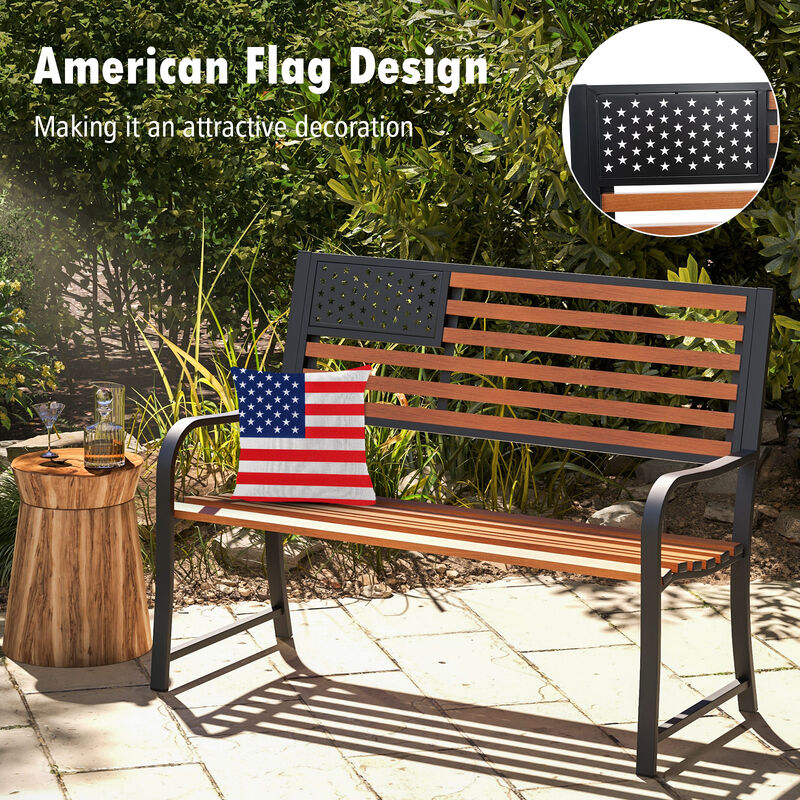 Outdoor Patio Bench with Rustic Flag Back Design and Faux Wood Texture