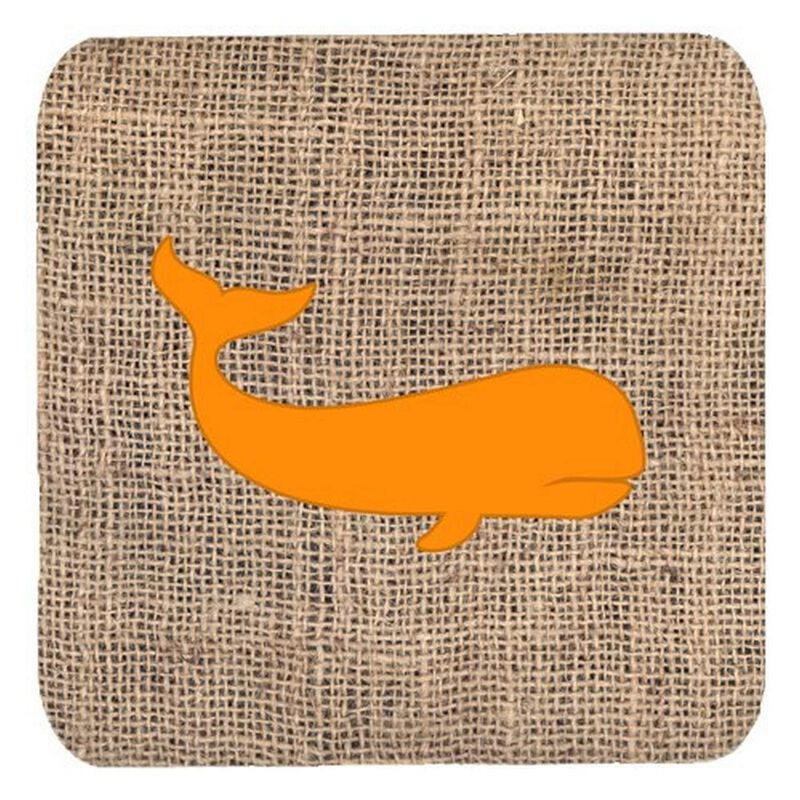 Caroline's Treasures BB1021-BL-OR-FC Whale Burlap and Orange Foam Coasters (Set of 4), 3.5 H x 3.5 W, Multicolor