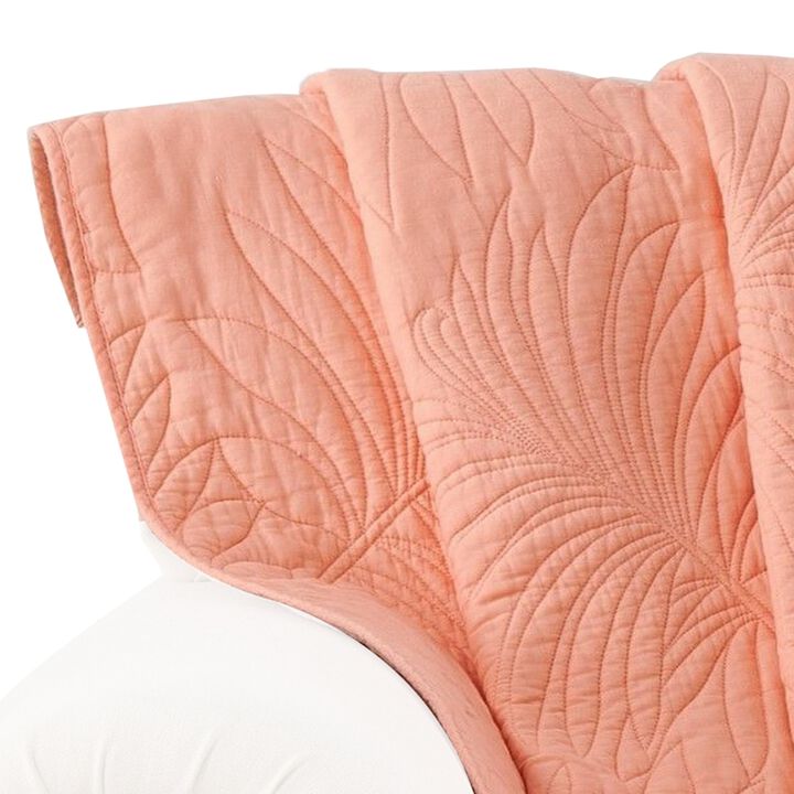 Xumi 50 x 60 Inch Quilted Throw Blanket, Frond Quilting, Coral Pink Cotton - Benzara