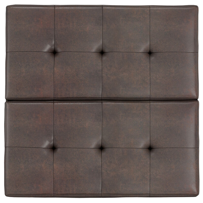 Dover 36 inch Wide Contemporary Square Lift Top Coffee Table Storage Ottoman in Distressed Brown Vegan Faux Leather, Assembled