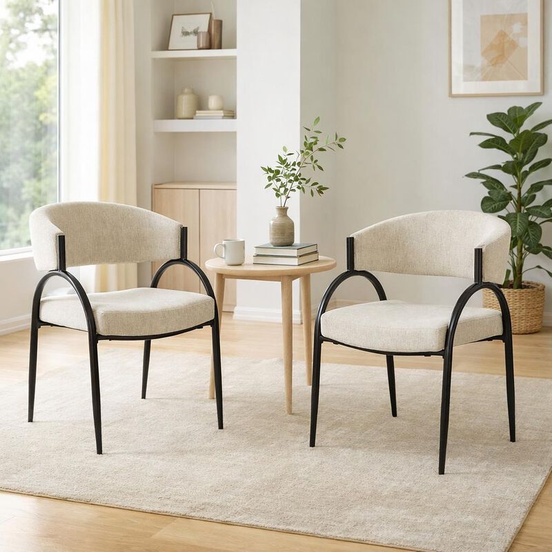 Dining Chair Set of 2, Beige Fabric Cushions, Arched Black Metal Legs image number 1