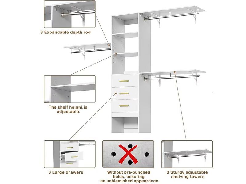 Wood Closet System with 3 Drawers White: Built-in Closet Organizer, Walk-in Closet with Hanging Rod and Shelves for Bedroom Closet Organizer System, 94.49" W x 15.75" D x 70.87" H