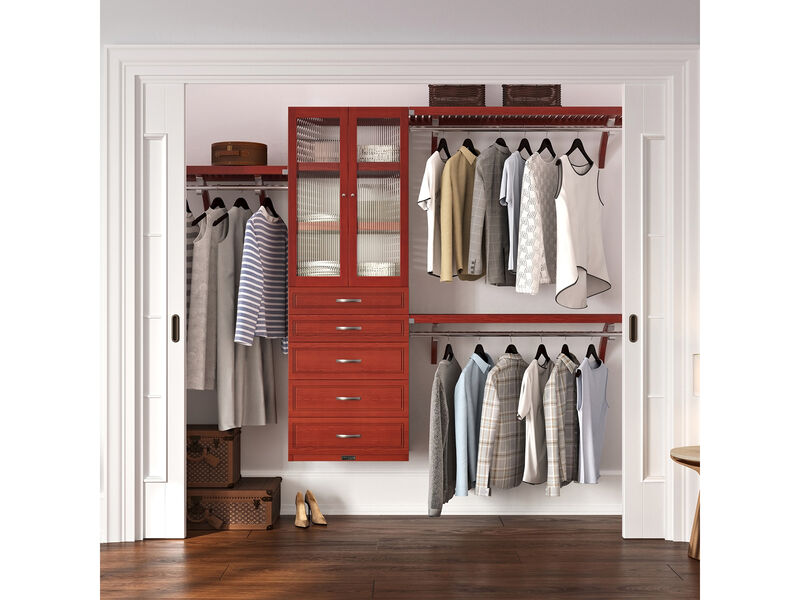 Solid Wood Walk-In Closet Organizer with 5  Drawers and Glass Doors