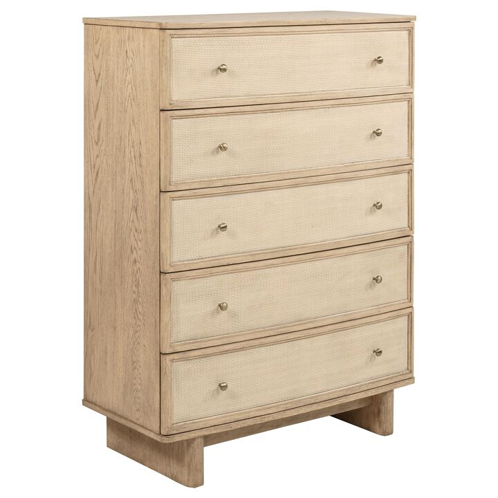 Lno Tall Dresser Chest, 5 Cane Accent Drawers w Brass Knobs, Oak Beige - Benzara