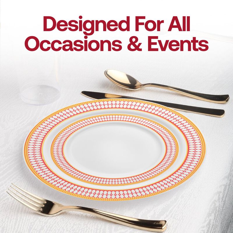 10.25" White with Red and Gold Chord Rim Plastic Dinner Plates (120 Plates) image number 6