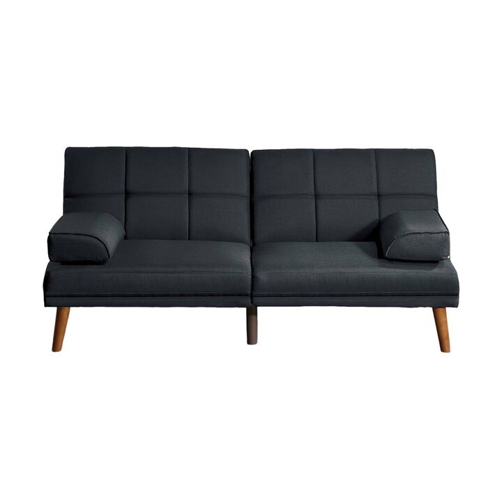 Gina 71 Inch Adjustable Futon Sofa Bed, Square Tufted, Tapered Legs, Black - Benzara