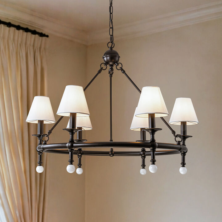 6-Light W34 Inch Matt Black Statement Chandelier Unique Classic Lighting with White Fabric Lamp Shades and Alabaster Finials for Dining Room Living Room