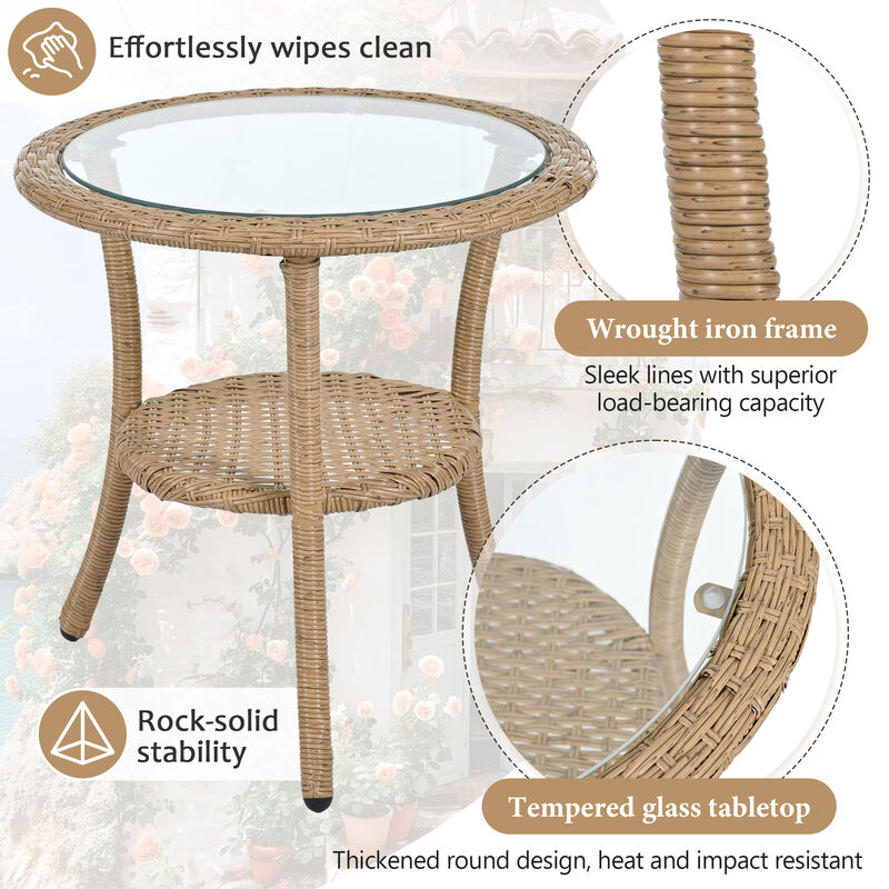 Whisen Outdoor Leisure Set, 2 Rattan Single Chairs with A Glass Round Table, Perfectly Suited for Patios, Balconies, and Courtyards - Gray