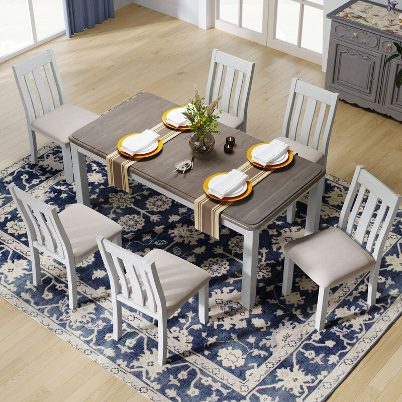 Whisen Retro Style 7-Piece Dining Table Set with Extendable Table and 6 Upholstered Chairs