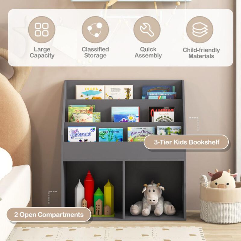 Hivvago Kids Wooden Bookshelf Bookcase Children Toy Storage Cabinet Organizer-Gray