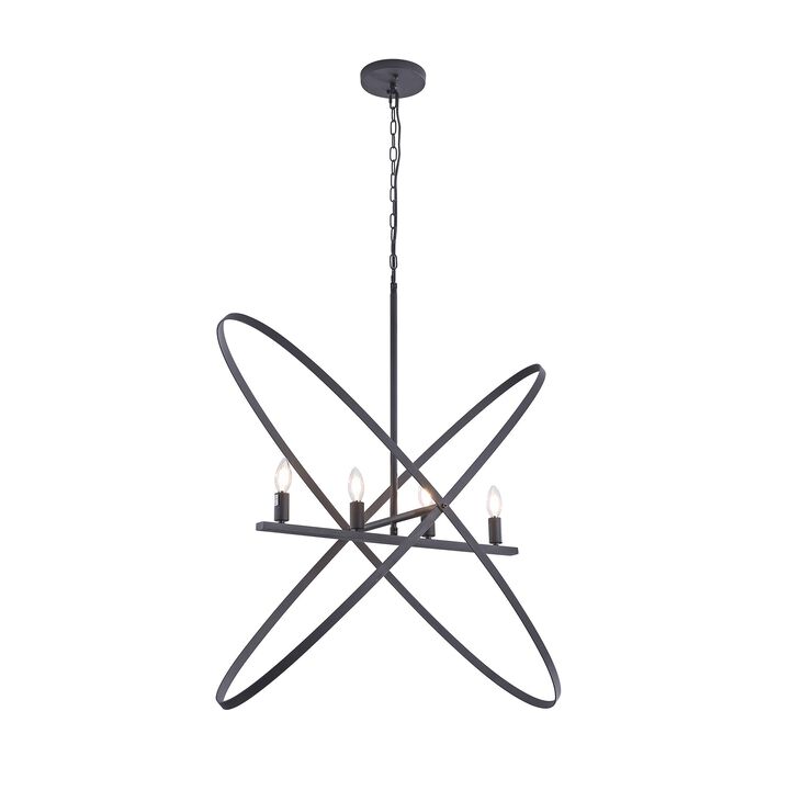 Modern Chandelier, 4 LED Light, Black Cross Band, Brass Metal 38 Inch - Benzara